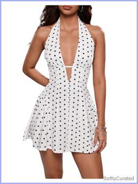 Vintage Polka Dot Halter Mini Dress Ruffle Backless Sleeveless A-Line
